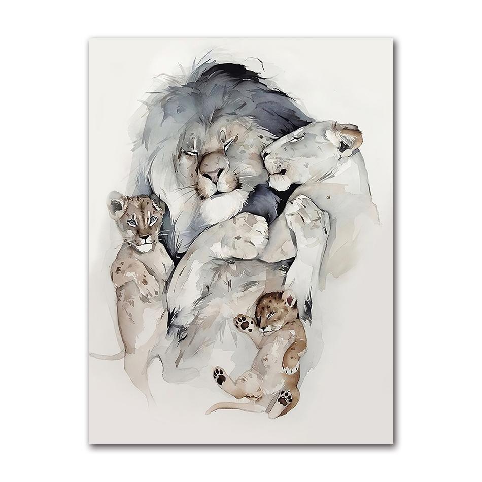 Modern Animal Wall Art Poster Loving Lion Family Canvas Painting Print for Living Room Picture Home Wall Decoration Cuadros