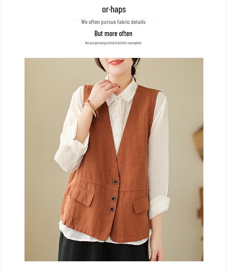 Women's 2026 Spring Retro Distressed V-Neck Button Vest, Short Artistic Cotton Linen Waistcoat, Solid Color Outerwear.