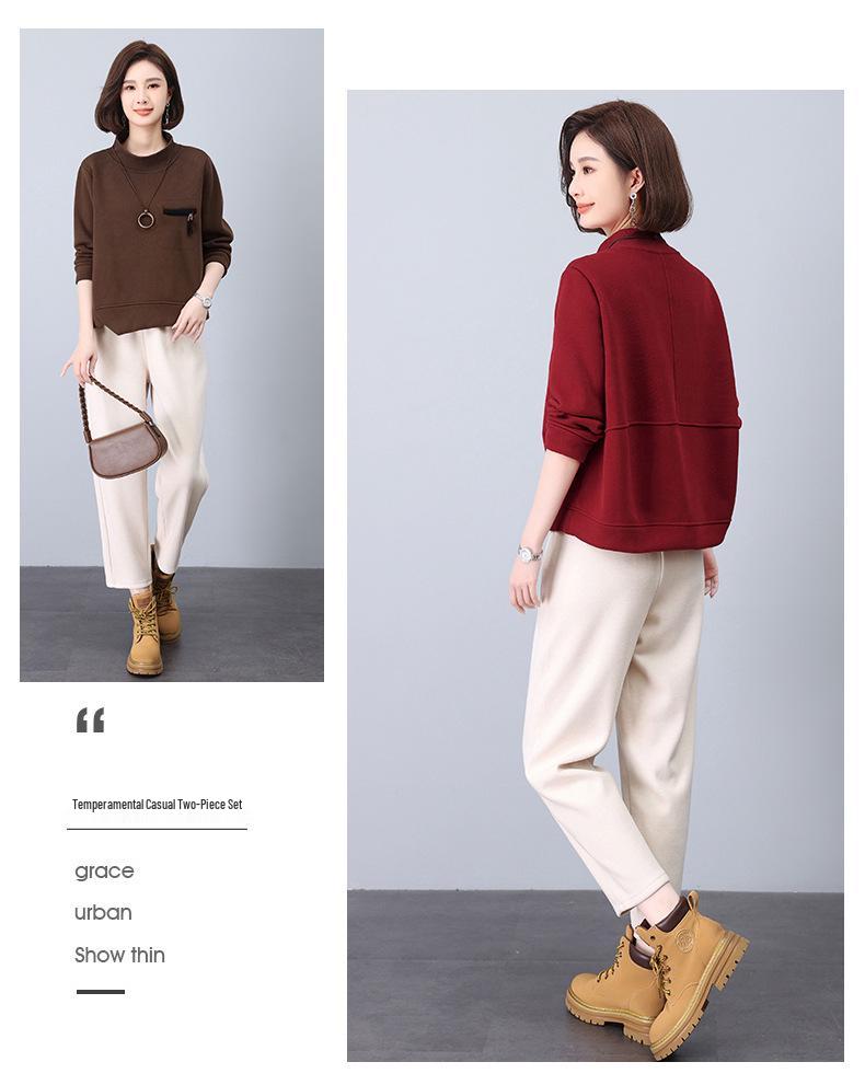 2024 Korean Style Petite Mom Casual Fashion Sweatshirt Two-Piece Set