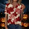Women's Fashion Casual V-Neck Short Sleeve T-Shirt with Leaf Print and Decorative Buttons
