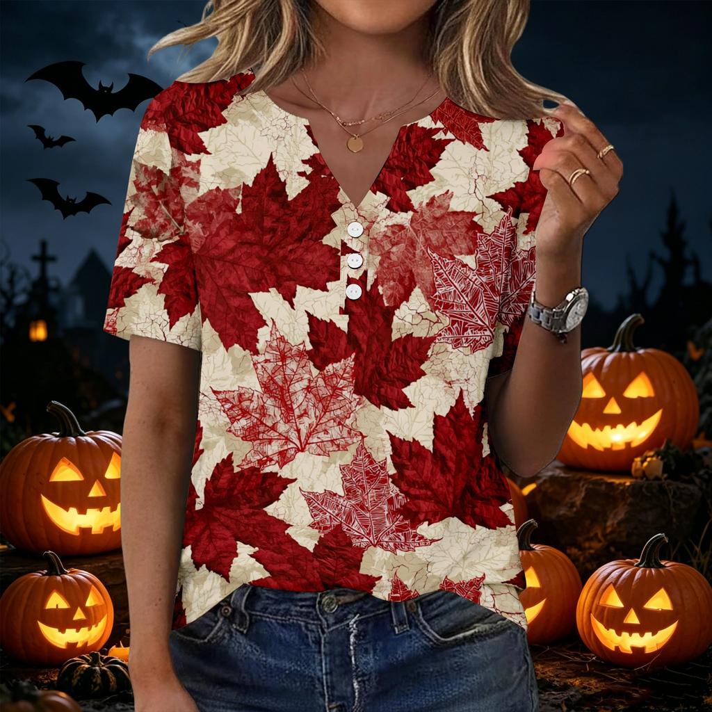 Women's Fashion Casual V-Neck Short Sleeve T-Shirt with Leaf Print and Decorative Buttons
