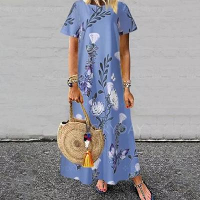 Women Elegant Dress Flower Leaf Print Short Sleeve Loose Leisure Dress