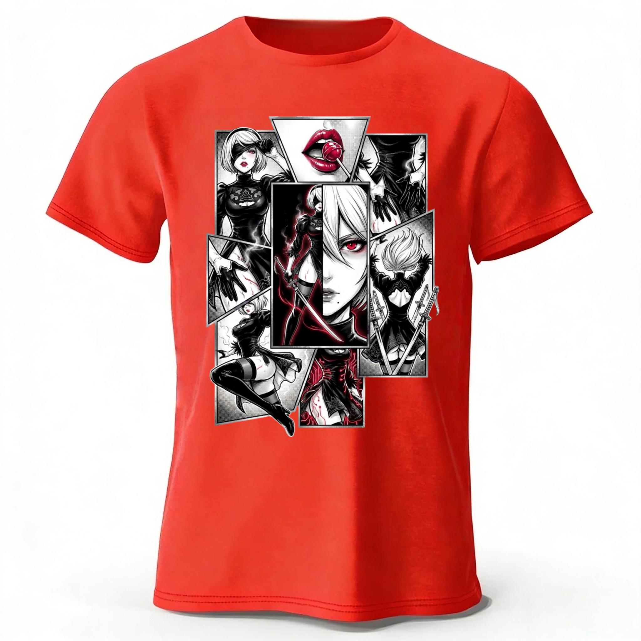 

Latest Neil Mechanical Era 2B Manga Collage Cotton Short Sleeves Men s Summer Fashion Casual Loose Comfortable Large T-shirt L червоний