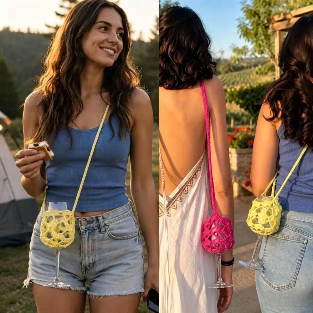 Knitted Wine Bottle Carrier Solid Color Mesh Tote Bag Portable Water Tote Bag Party Decor