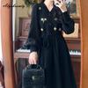 Plus Size Korean Style Autumn Winter Women Midi Dress V Neck Knitting Floral Patchwork Corduroy Dress Vintage Long Sleeve Elegant Dress