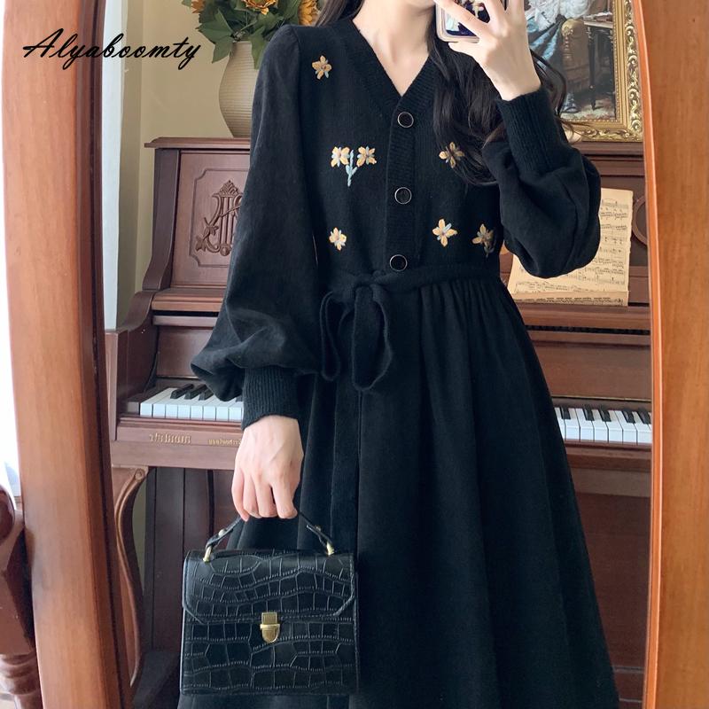 Korean Style Autumn Winter Women Midi Dress V Neck Knitting Floral Patchwork Corduroy Dress Vintage Long Sleeve Elegant Dress
