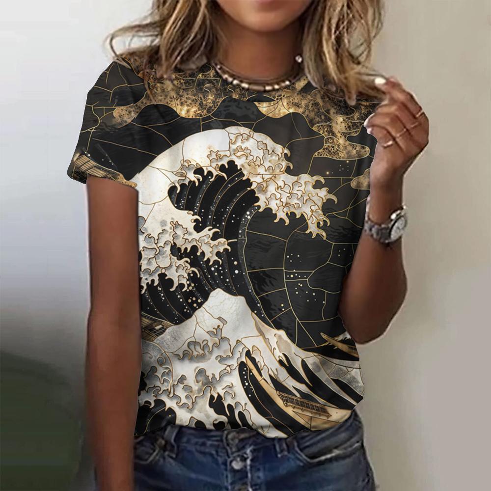 Fashionable 3d Printed Landscape Animal Style Summer Round Neck Short Sleeved Top T-Shirt Casual Versatile Loose Oversized Women