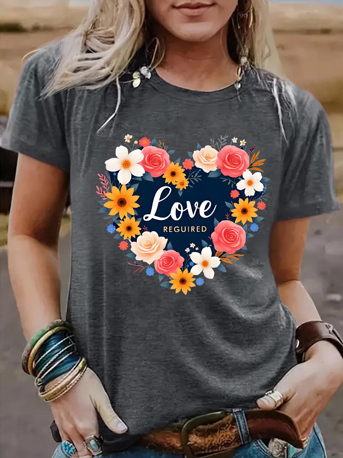 

Women s Short-Sleeve Floral Heart T-Shirt - Loose Casual, Round Neck Tee Medium