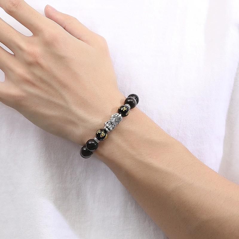 Natural Obsidian Beaded Bracelet Men Retro Style Pixiu Jewelry 10mm 17 Beads Handmade