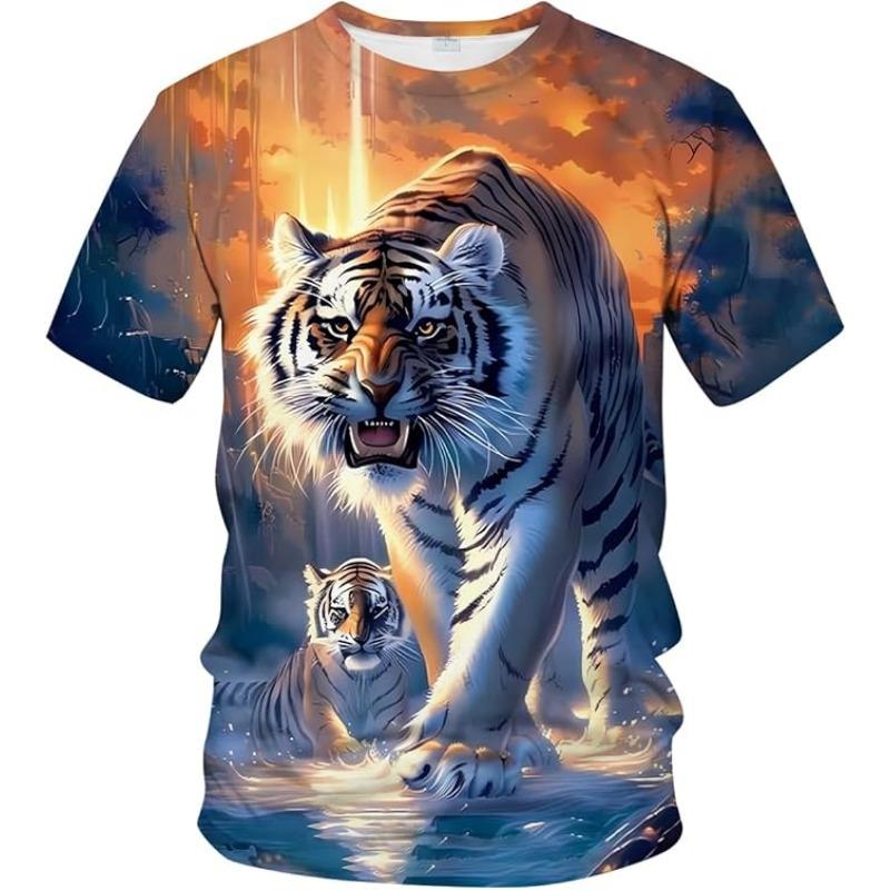 Men's Summer 3D T-shirt Fashionable Casual Loose Pattern Animal Tiger Print Round Neck Short Sleeved T-shirt Top