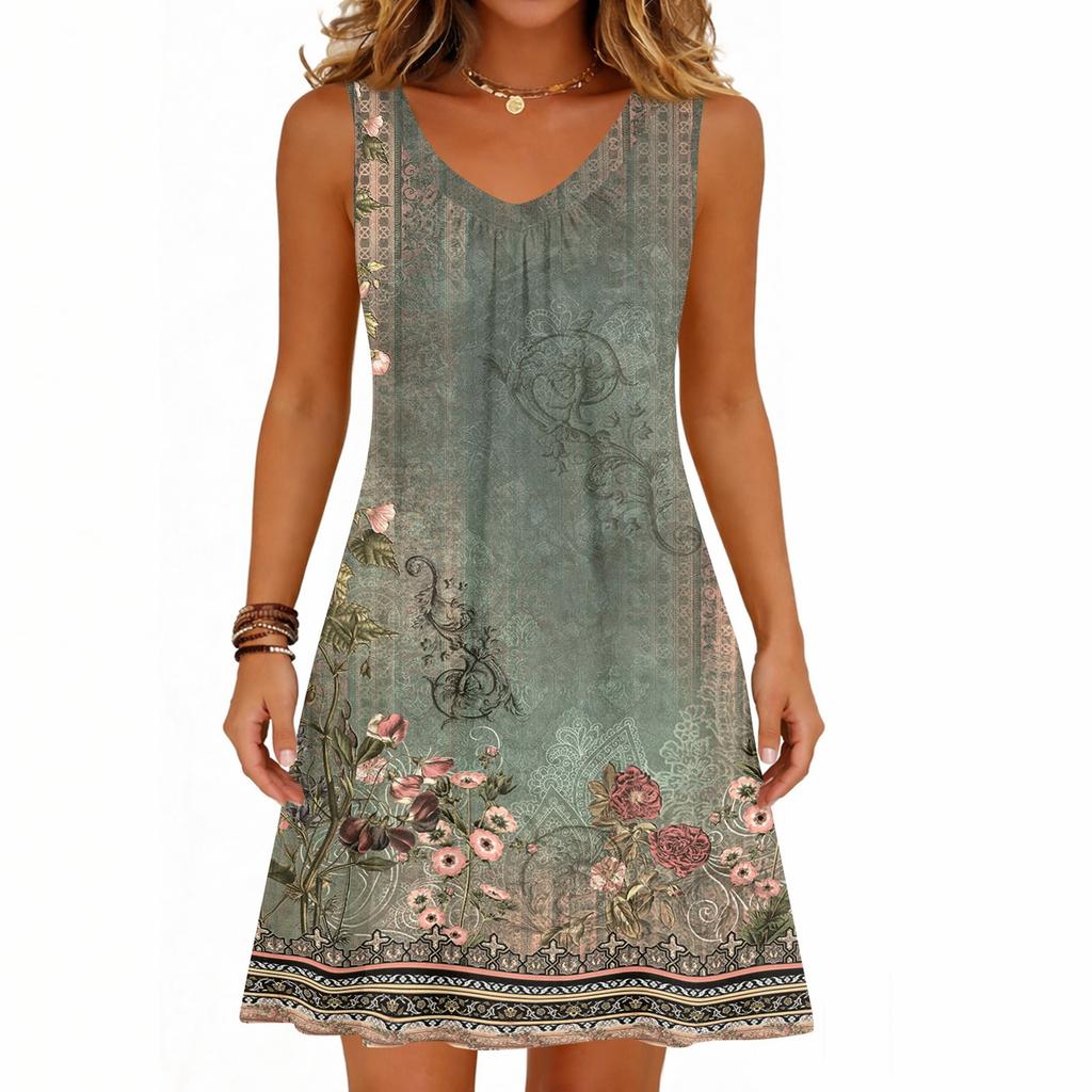 Women's Fashion Printed Summer Sleeveless V-neck Tank Top Pocket Casual Loose Dress