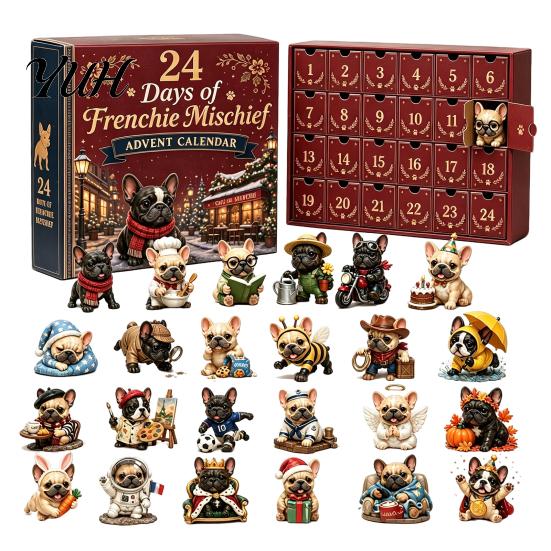 Bulldog Countdown Calendar French Advent Calendar, 24-Day Christmas Acrylic Ornament, Collectible Gift for Pet Owners Figurine Hanging Decor Tree, Dog