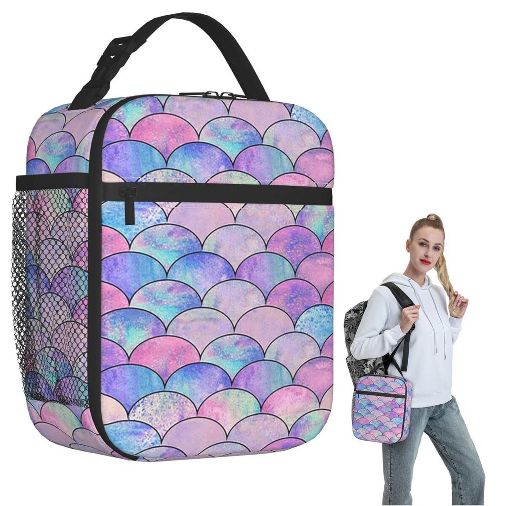 Rainbow Mermaid Scales Insulated Lunch Bag for Women Children Portable Food Boxes Thermal Lunch Box Tote