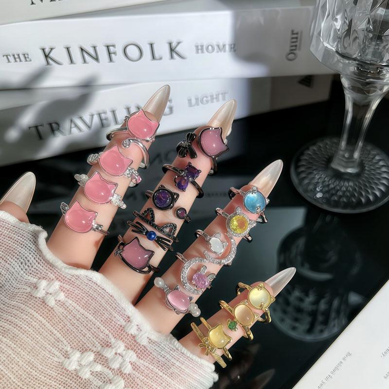 Exquisite Y2K Pink Cat Eye Stone Ring: Stylish, Sweet, and Fashionable Finger Accessory for Women