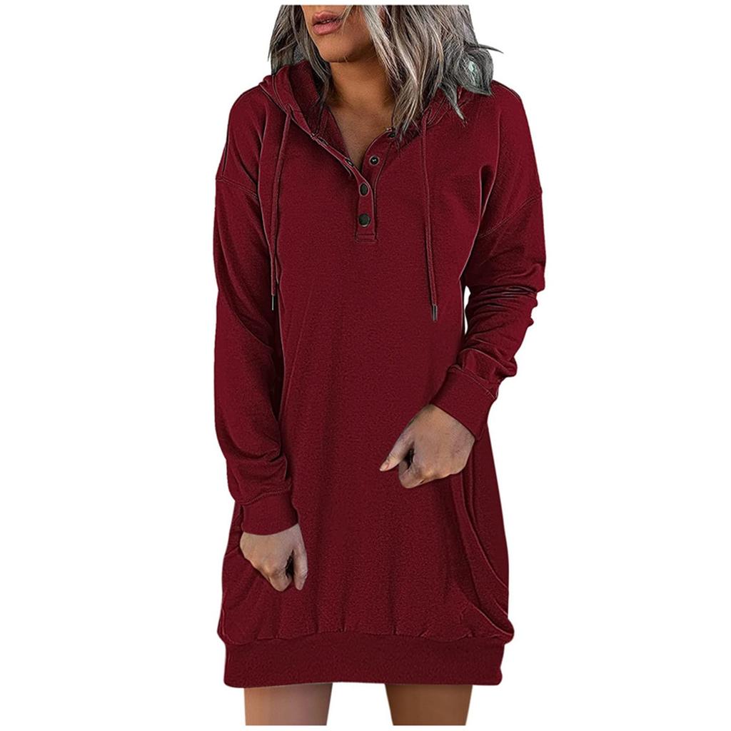 Damen Kleider Langarm Kordelzug Pullover Top Kleid Casual Hoodie Pullover Kleid Kleider
