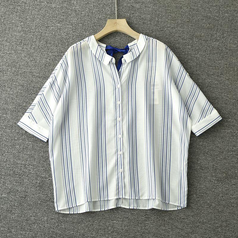 

Полосатая шифоновая рубашка с коротким рукавом женская летняя тонкая Nx379 стильный нишевый стиль оверсайз свободные повседневные топы а Blue and white stripes S