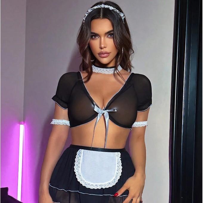 European and American Sexy Mesh See-through Lace-up Maid Cosplay Outfit Split Sex Underwear Set