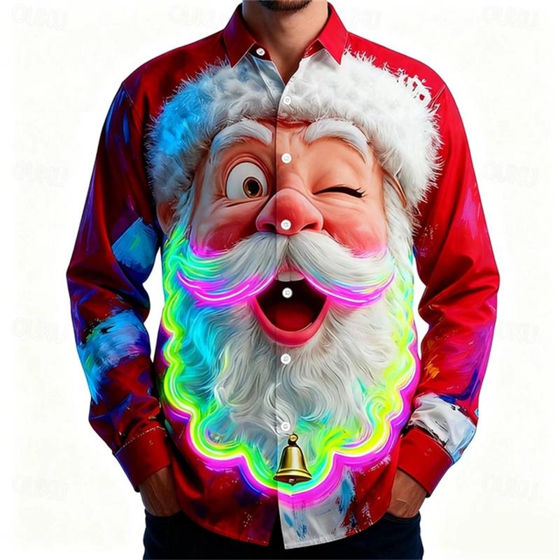 Men's Christmas shirt, Santa Claus 3D printed cartoon smiley face shirt, lapel long sleeve, fashionable design shirt XS-6XL