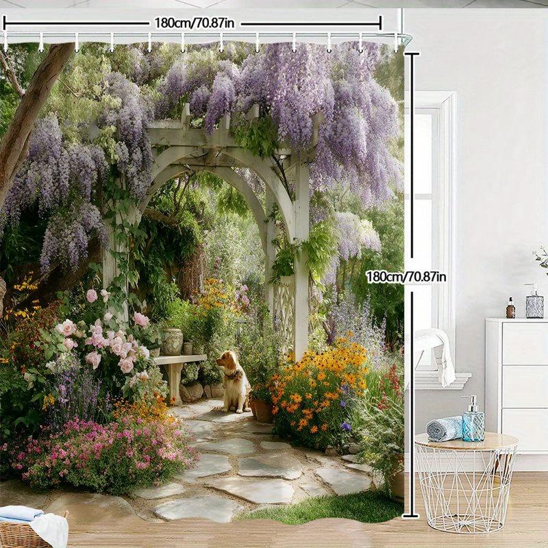 Garden Scene Shower Curtain Floral Arch Purple Wisteria Waterproof Bathroom Decor Nature Theme Home Textile Artistic Desig