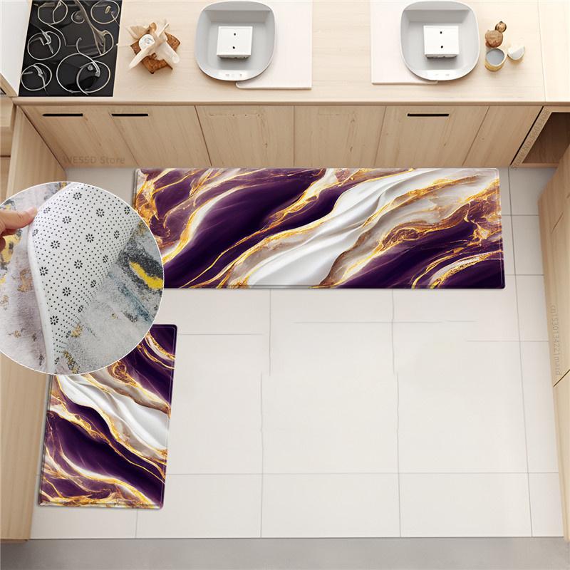 Renkli Mermer Baskı Halı Mutfak Odası Için kaymaz Yıkanabilir Mutfak Mat Seti Soyut Desen Banyo Halısı