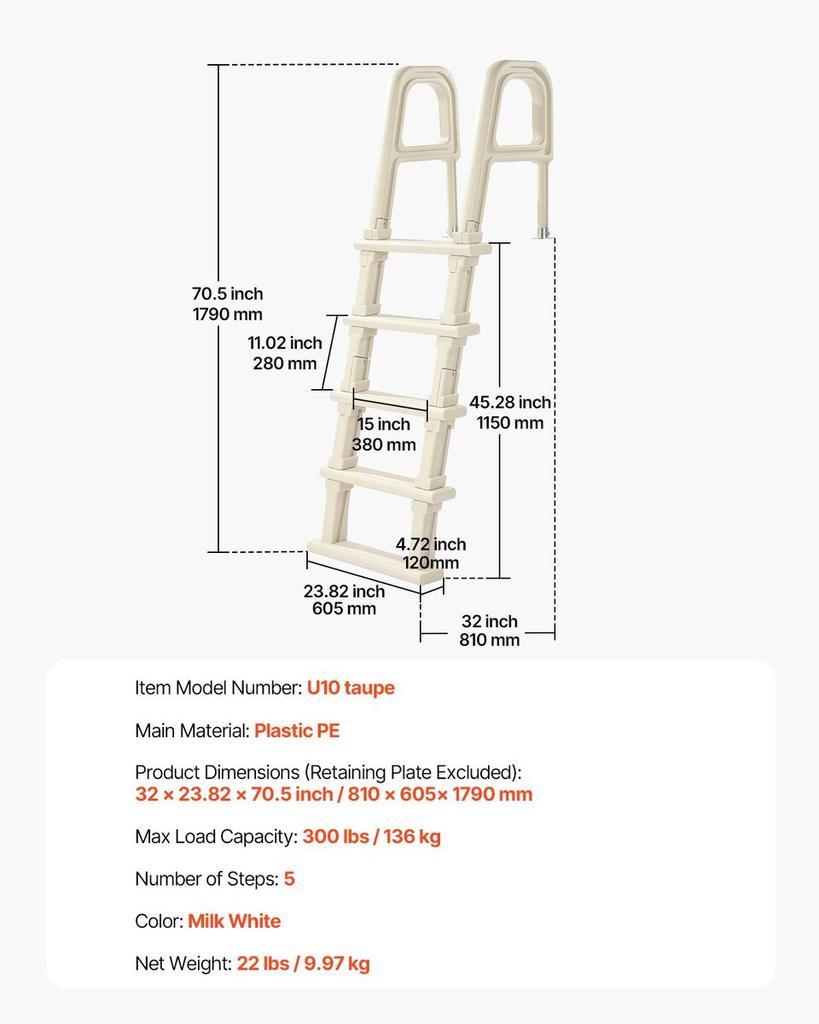 5-Step Inclined Pool Ladder of 2 Handrails Loads 300 Lb for 48-54 In Pool
