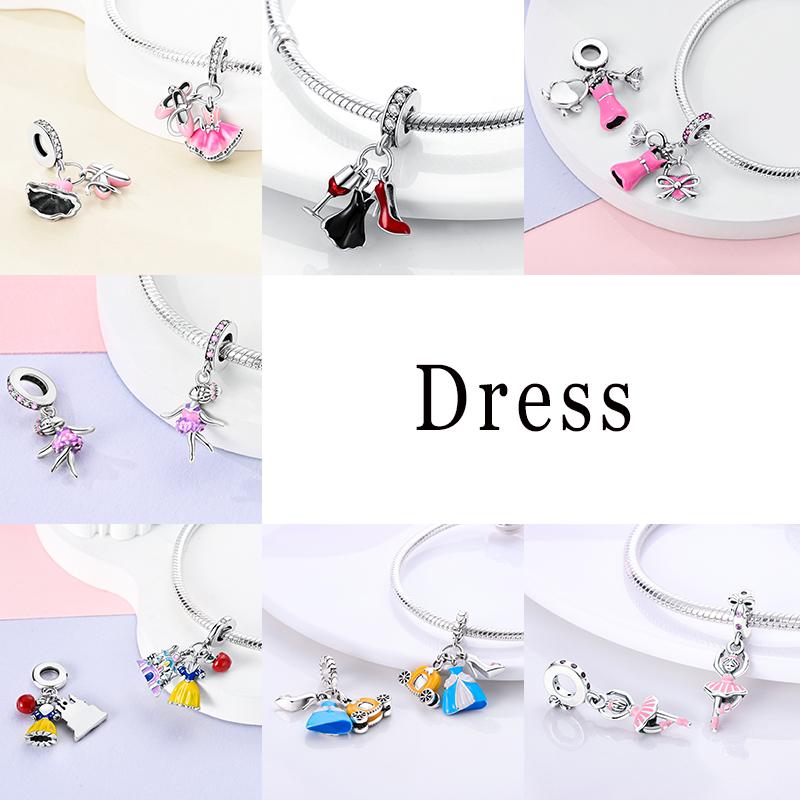 925 Silver Charms Lipstick Perfume High Heels Handbag Dress Camera Pendant Fit Original Pan Bracelet Bead DIY For Woman