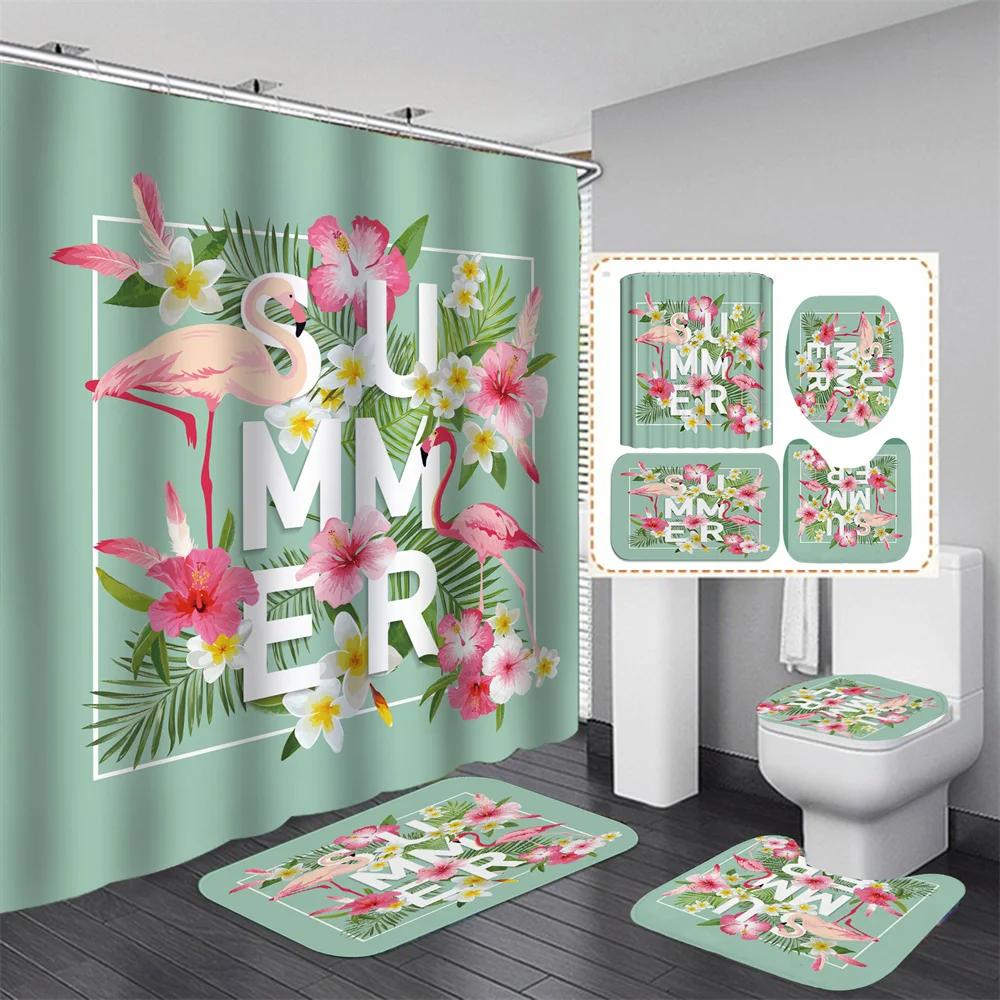 Pink Flamingo Tropical Leaves 3D Hd Shower Curtain Set Waterproof Polyester Bathroom Shower Curtain Set With Mat Non-Slip Rugs