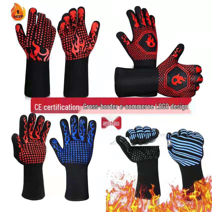 High-Temperature Resistant Insulated BBQ Gloves, Flame Retardant, Anti-Scald, Oil Resistant, Thickened Aramid, EN407 Certified, up to 500 Degrees.