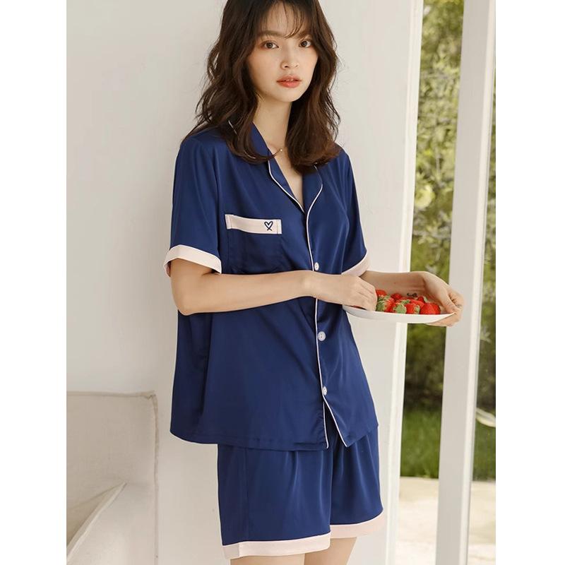 Hot-Selling Women'S Home Pajamas Short-Sleeved Love Embroidery Pocket Lapel Outer Wear Set