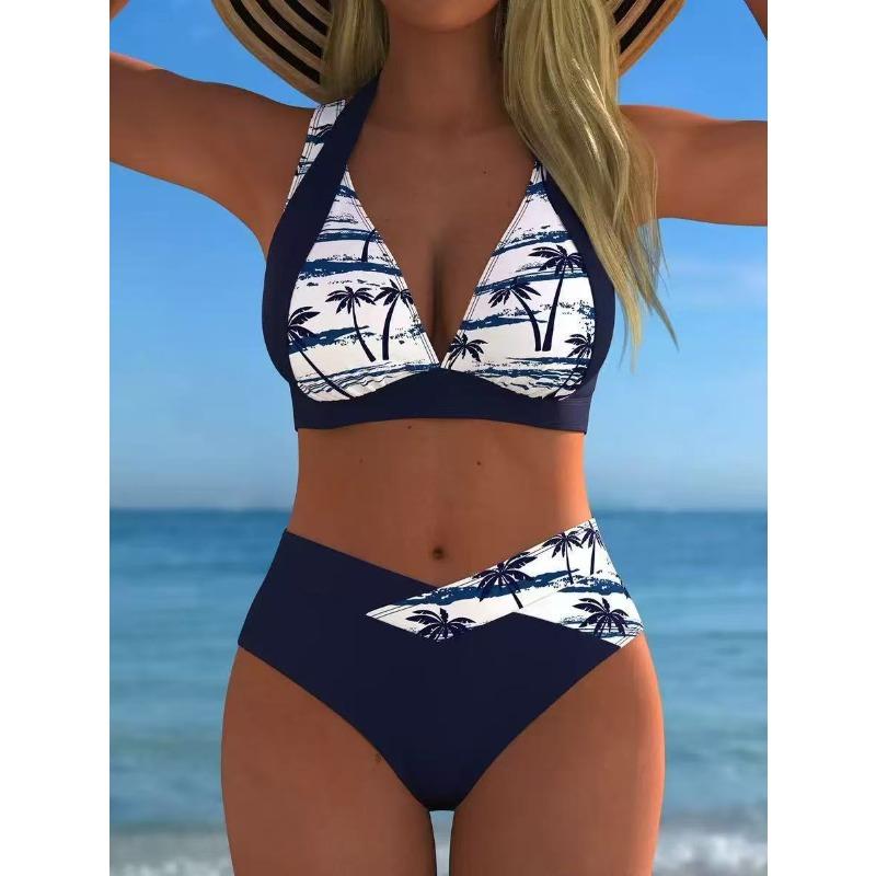 Costume da bagno Bikini da donna con stampa a splicing europea e americana, scollo arricciato, costume da bagno da spiaggia a due pezzi a vita alta per coprire la pancia e sembrare snelle