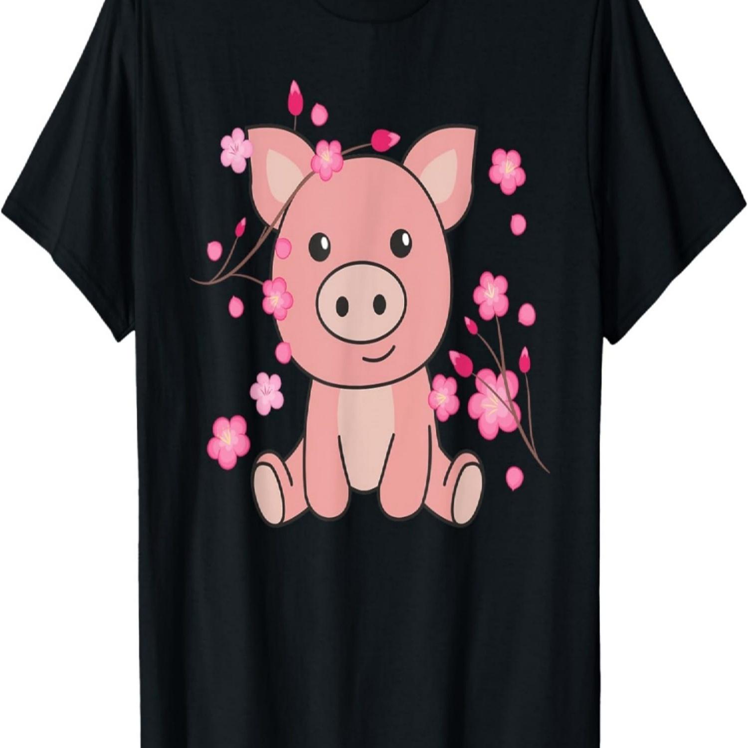 

Pig Cute Animals For Kids Kawaii Cherry Blossoms T-Shirt S чёрный