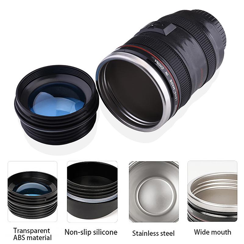 Camera Lens Coffee Mug With Lid Stainless Steel Slr Camera Lens Water Cup Ef24-105Mm Black White Mug Creative Gift Drinkware