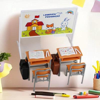 Detailed 1:12 Dollhouse Miniature Classroom Kit with Desk, Chalkboard, Book Bag; Perfect for Doll House Accessories