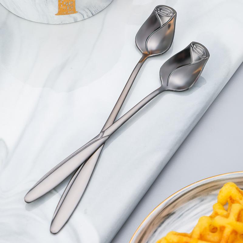Stainless Steel Rose Flower Long Handle Coffee & Teaspoon