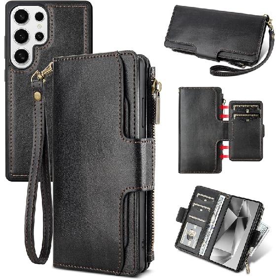 JGY Wallet Case for Samsung Galaxy S25 Ultra PU Leather Detachable Magnetic Wallet Case with Removable Minimalist Front Pocket 5 Card Holder Hand