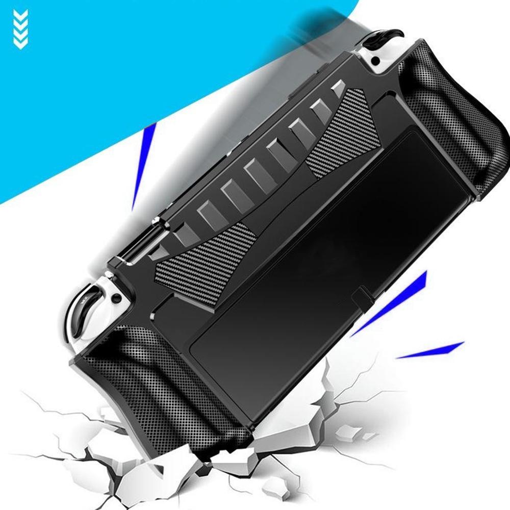 For Nintendo Switch OLED Game Console Case Carbon Fiber Texture Anti Drop Protective Cover with Stand