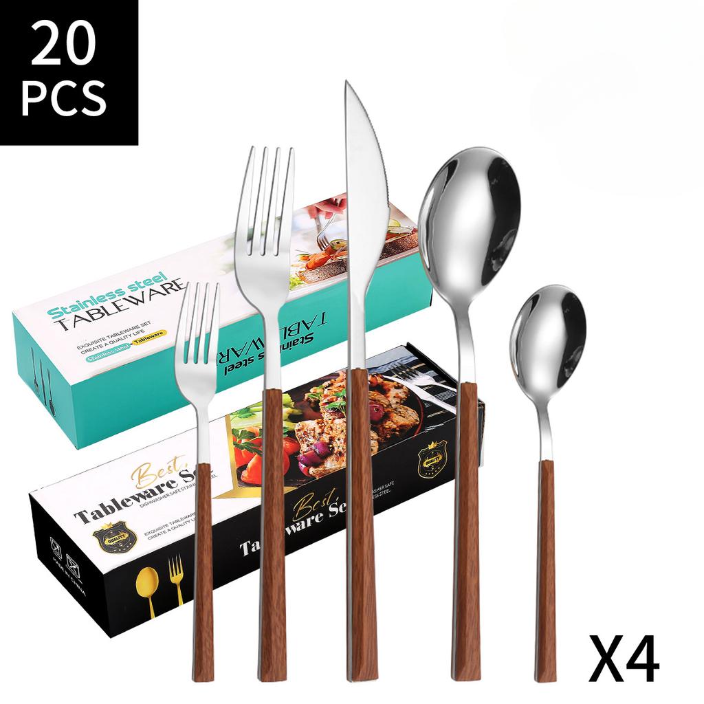Imitation Wood Handle, Imitation Stone Pattern Knife, Fork and Spoon, Five-piece 430 Stainless Steel Knife, Fork and Spoon Tableware 20-piece Set