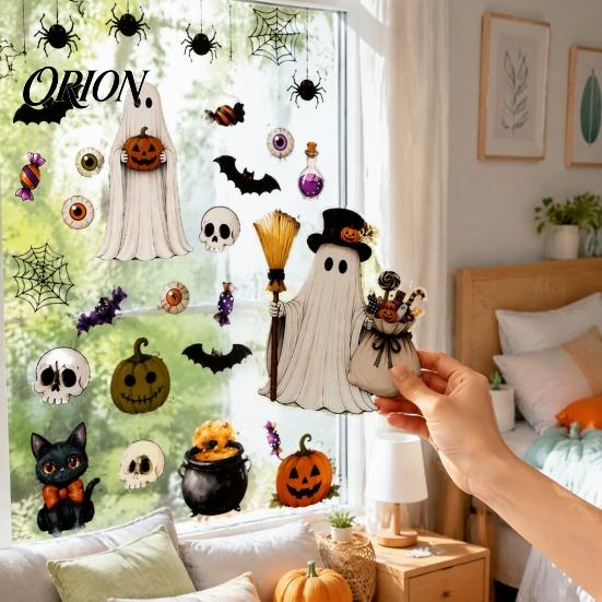 Clear Pattern Window Decal 6 Sheets Halloween Clings, Spooky Ghost Pumpkin Bat Decorative Film Sticker, Reusable Static Glass Decals for Holiday Party