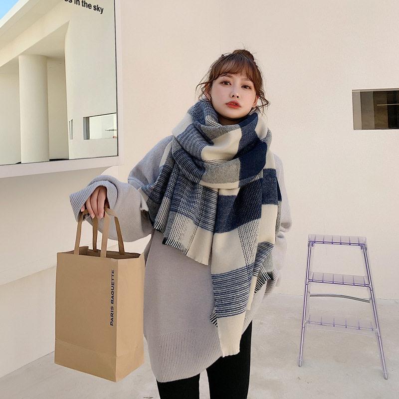 Scarf Women's Winter All Match Japanese Style White Blue Plaid Imitation Cashmere Shawl Student Warm Couple Thickened Scarf