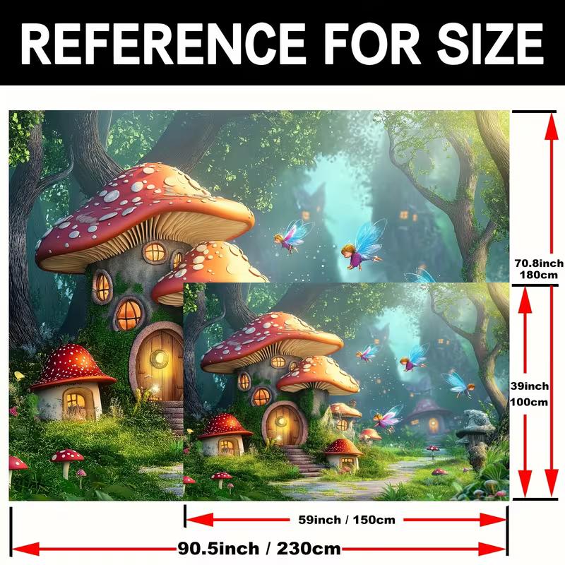 2D Enchanted Forest Fairy Tapestry, Magical Mushroom House Wall Hanging for Aesthetic Room Decoration