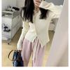 Early Autumn New Irregular Single-breasted Thin Design Loose V-neck Long-sleeved Knitted Sweater with Sweater Women