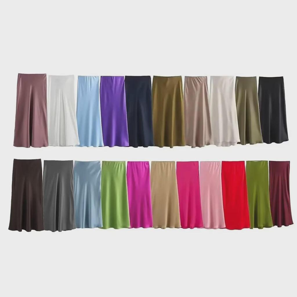 New European & American Style Satin Midi Skirt 8632845