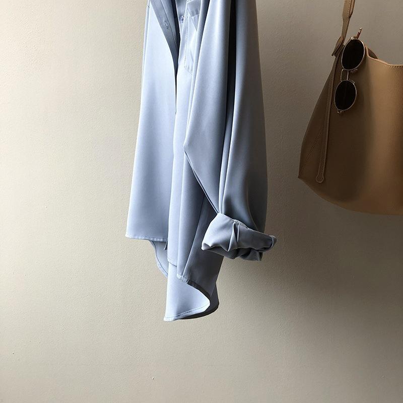 Women's Loose Gray-Blue Long-Sleeve Shirt - Niche Korean Hong Kong Style for Spring and Autumn