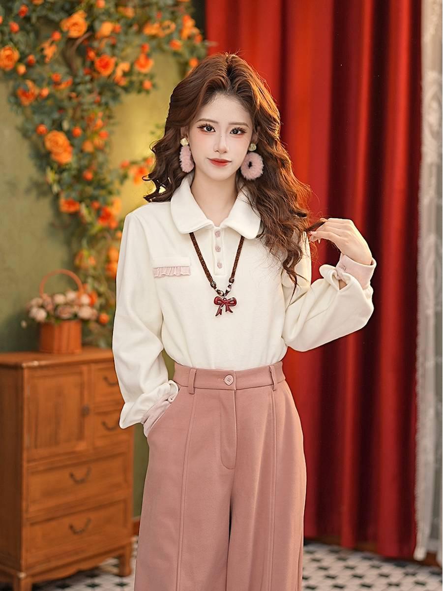 DaYuanSAD Women s Color Block Lapel Long Sleeve Loose Shirt Top #S15169 Small абрикосовый/розовый