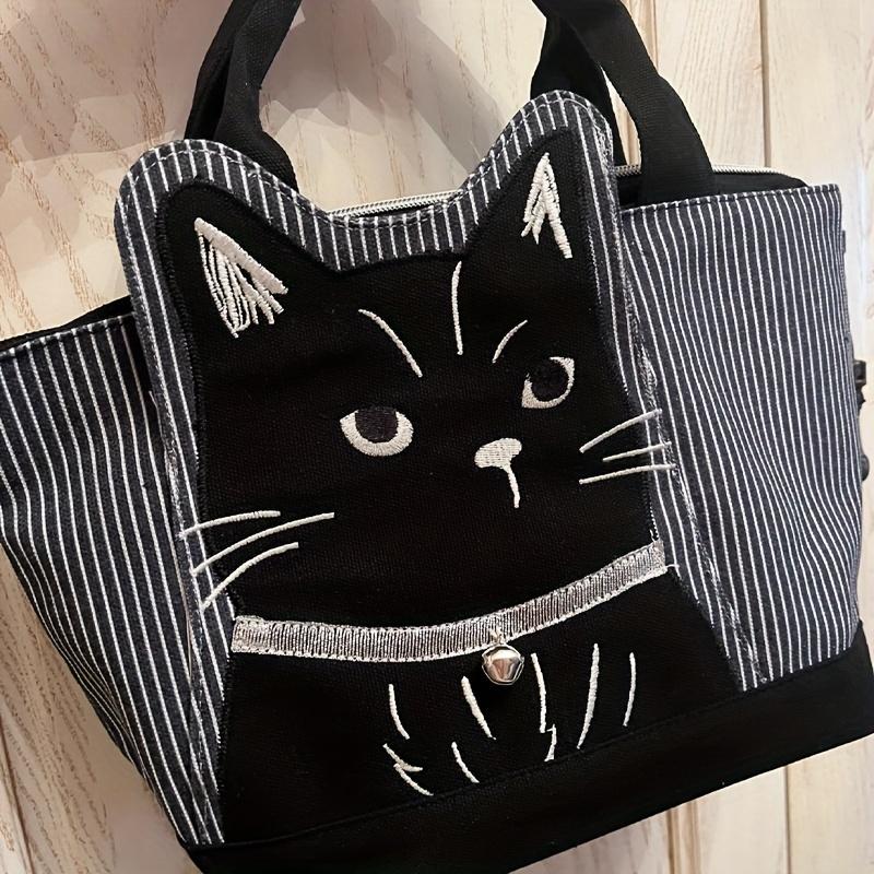 Chic Black Cat Embroidered Large Capacity Tote Bag Durable Polyester, Zipper Closure, Striped Handle Design for Everyday Use & Shopping