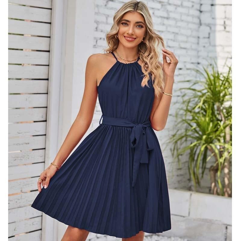 Abito corto senza maniche con scollo all'americana solido moda estiva Abito da festa a pieghe casual Abito estivo sexy con lacci a vita alta 27832
