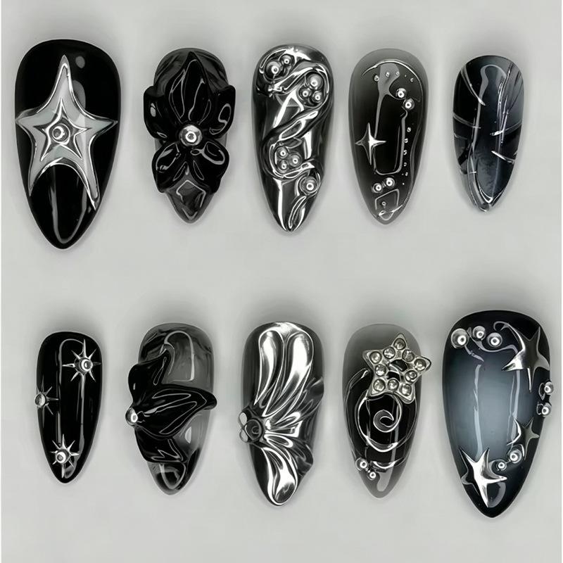 24PCS Dark Black Anime Nails Gothic Spiral Evil Eye Centipede Design Almond Press on Nails Horror Comic Gyaru Fake Nails Fashion