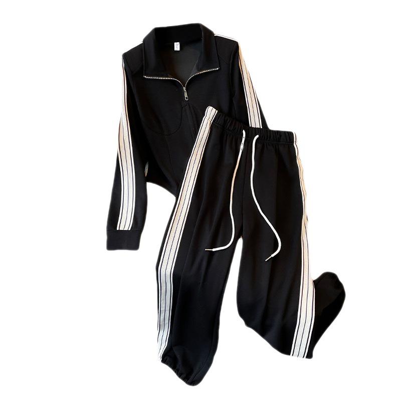 Übergröße Damen Frühlingsmode Zweiteiler: Stehkragen-Oberteil mit Workwear-Hose mit drei Streifen