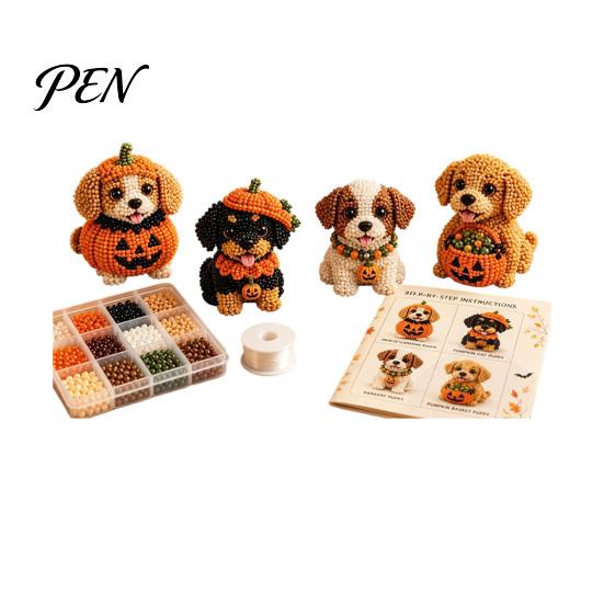 Puppy Bead Art Project Halloween Dog Set, DIY 4 Beaded Figurines, 3D Creative Hobby Sets Craft Kit for Adults Teens, Holiday Decoration Handmade Gift