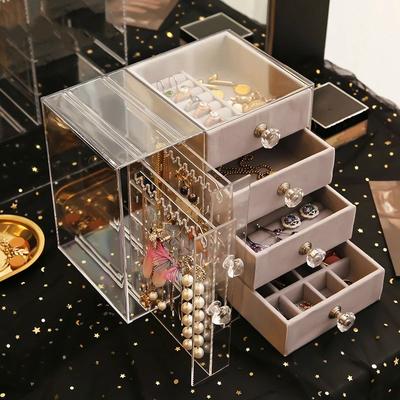 Cutie de Depozitare Bijuterii din Plastic Tip Sertar Organizator Machiaj cu Finisaj Transparent Suport Raft pentru Afișare Cercei Brățară